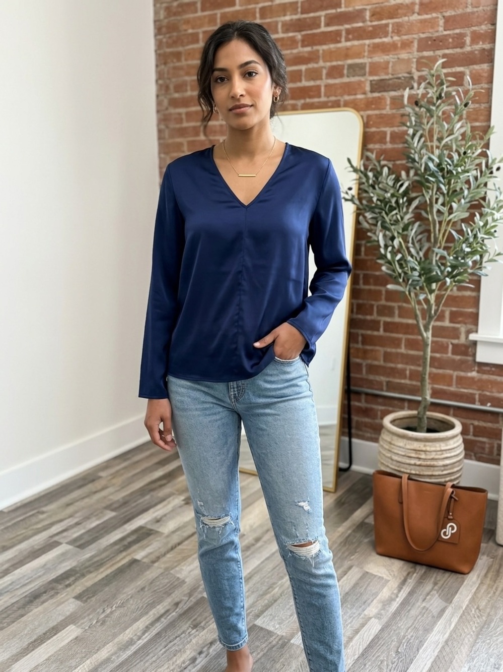Stella & Dot Navy Satin V-Neck Blouse